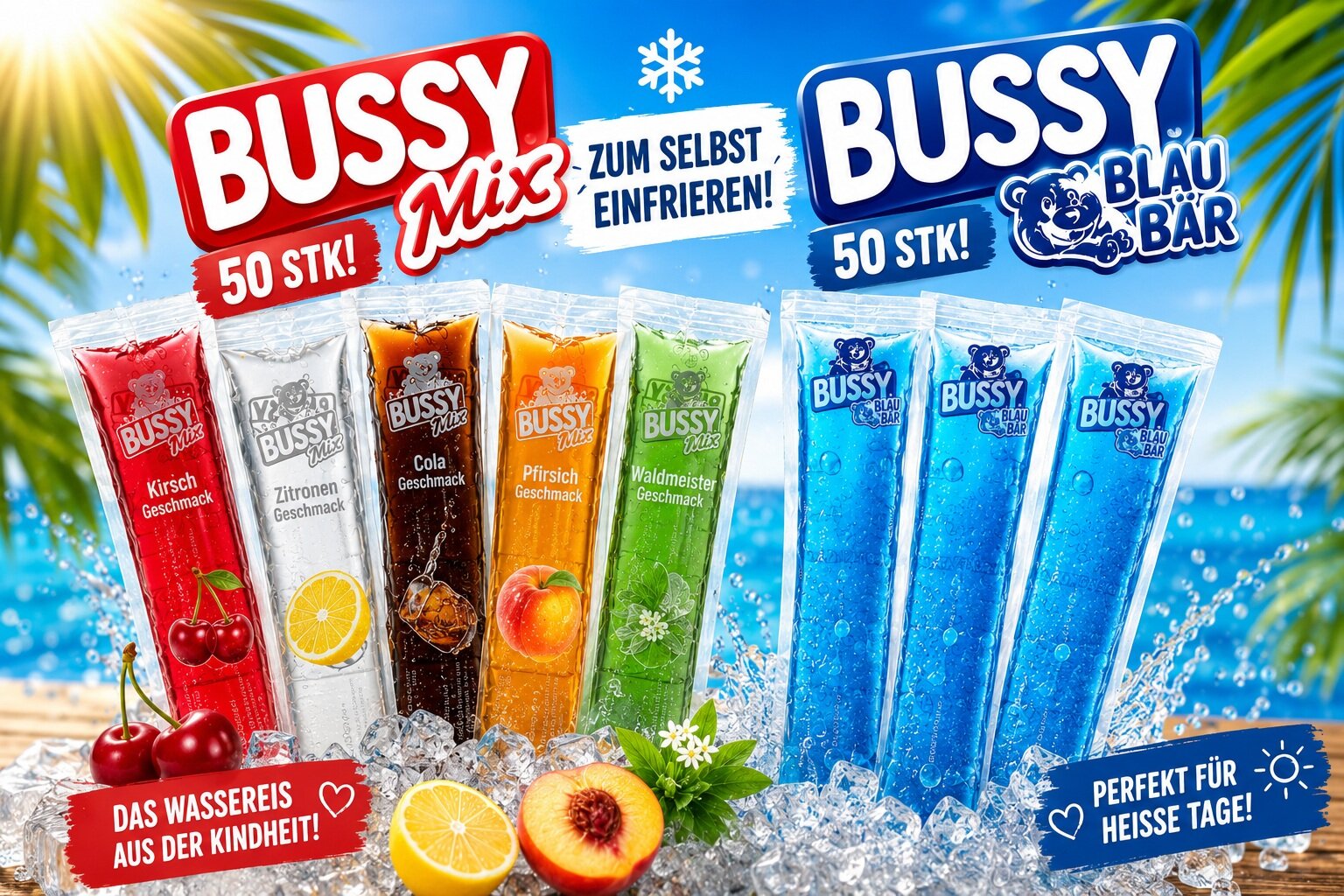 Bussy Wassereis Mix und Bussy Wassereis Blaubäre Kindheit Sommer Hitze