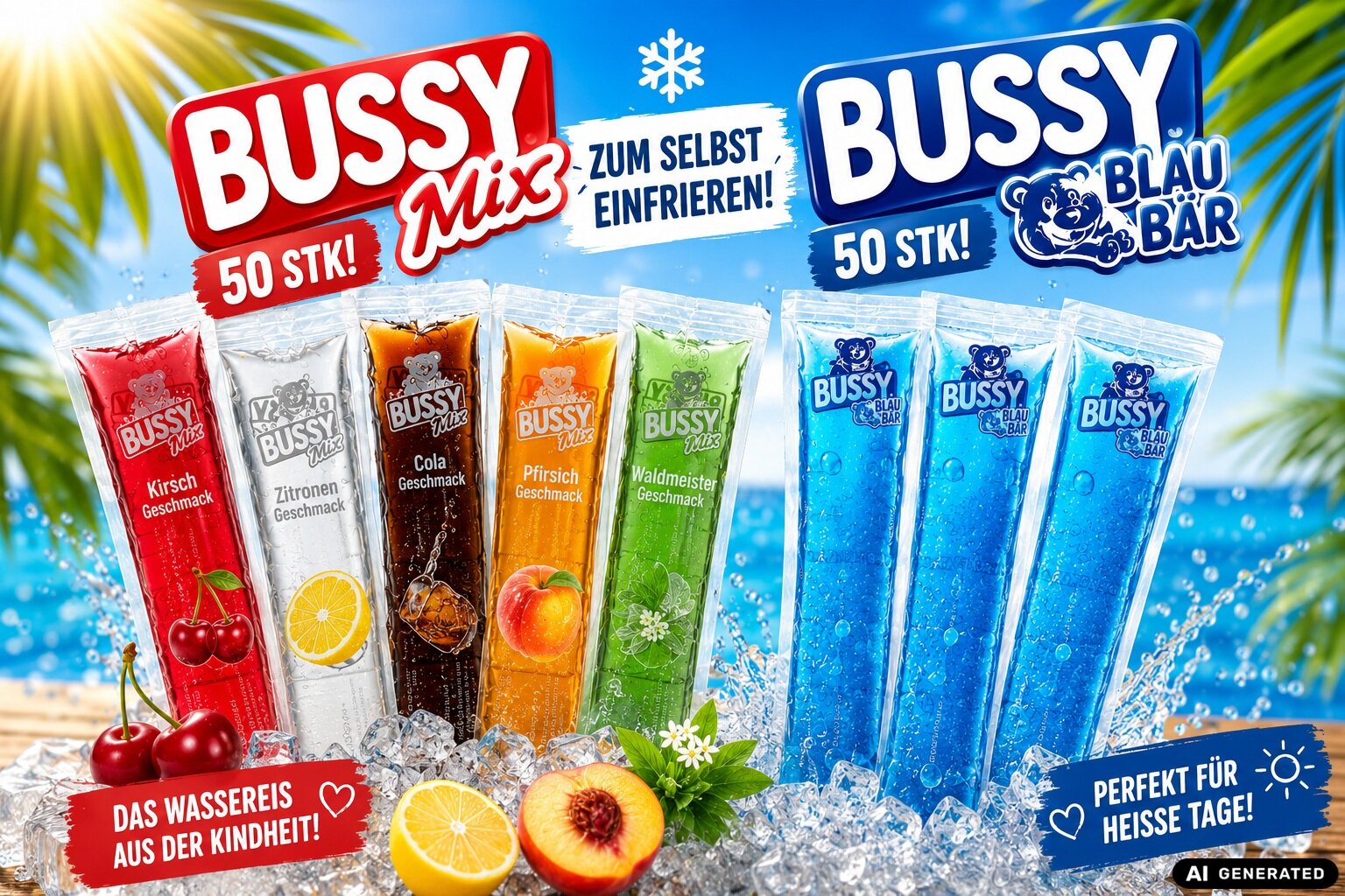 Bussy Wassereis Mix und Bussy Wassereis Blaubäre Kindheit Sommer Hitze