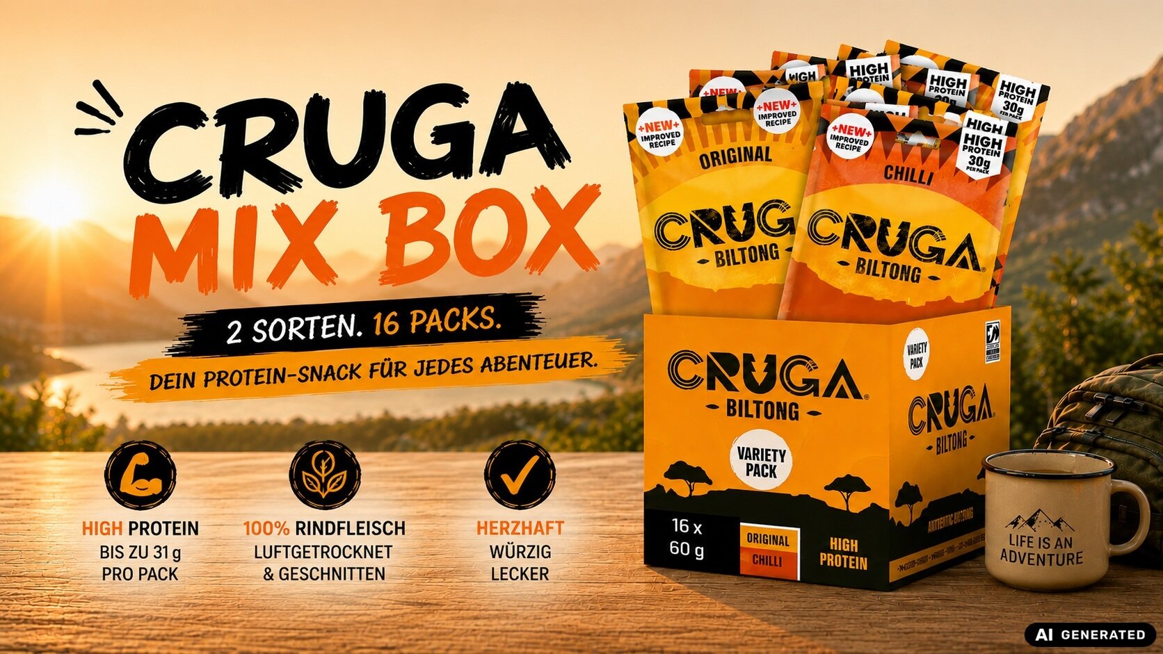 CRUGA BILTONG Mix Box 16 Tüten aus 8 mal Original und 8 mal Chili