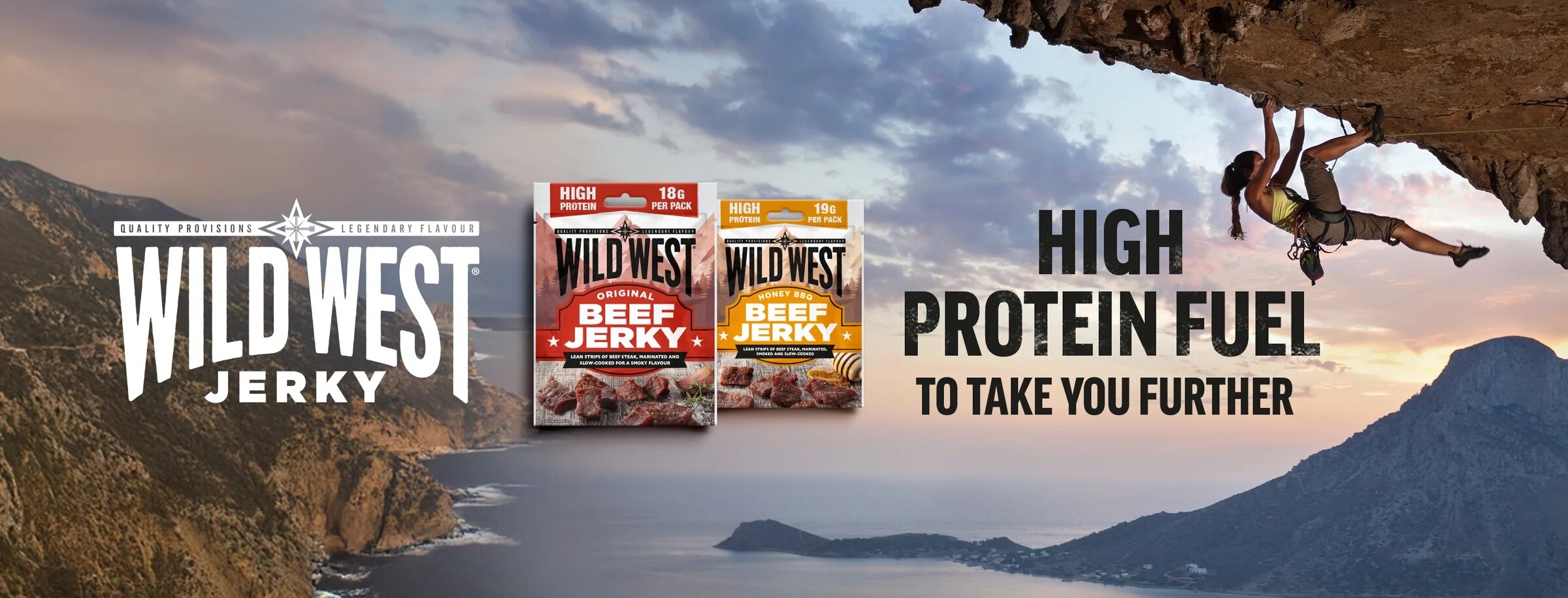 Wild West Jerky Banner Kletterer an Felswand Titel High Protein Fuel 