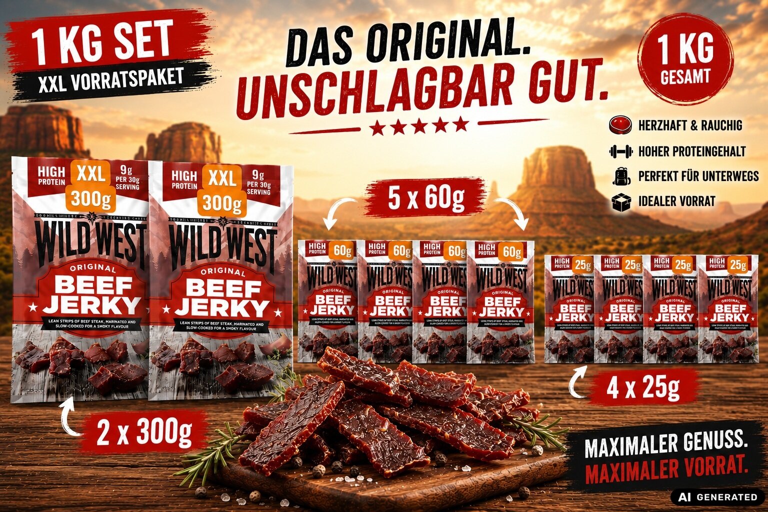 wildwestbeefjerky Original 1 Kilo Big Pack XXL Trrockenfleisch