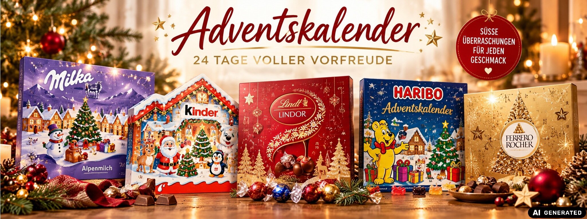 Adventskalender mit Schokolade und Süßigkeiten von Milka, Kinder, Lindt, Haribo und Ferrero – 24 Tage voller Vorfreude auf Weihnachten.