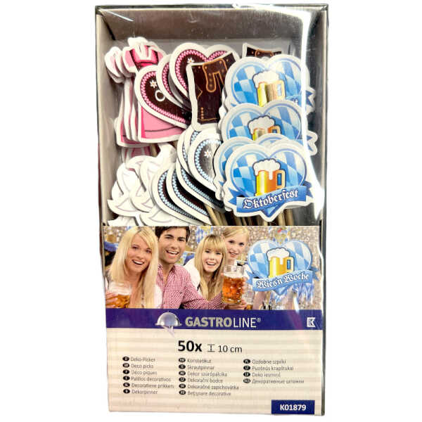 Deko‑Picker "Oktoberfest Gaudi“ 50 Stück 10 cm Partyspieße (Holz & Papier) Partypicker