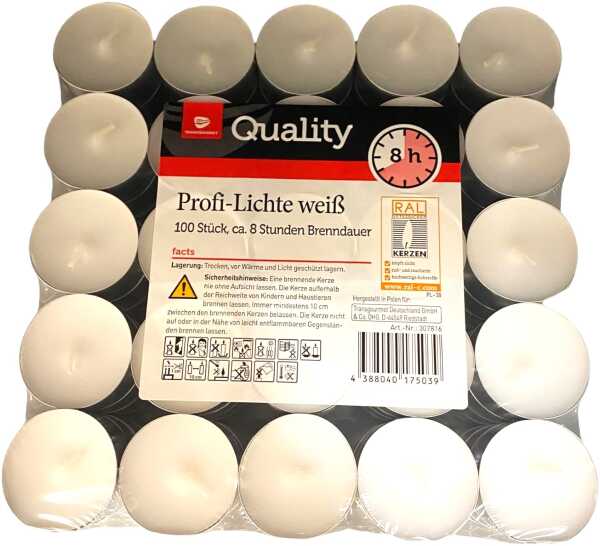 Teelichte 100er Pack Transgourmet – Profi Lichte, ca. 8 Stunden Brenndauer (RAL‑Güte)