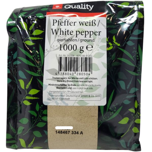 TGQ Pfeffer weiß gemahlen 1000 g Beutel – Fein gemahlener weißer Pfeffer für Küche & Gastronomie
