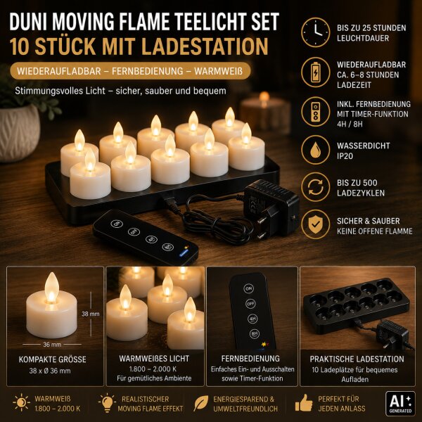 Duni LED Set Moving Flame warm white 10 Stück wiederaufladbar Ladestation Fernbedienung