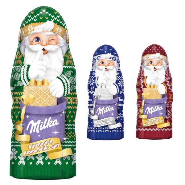 1x Milka Weihnachtsmann Alpenmilch Design Edition 90 g – 3 Farben sortiert