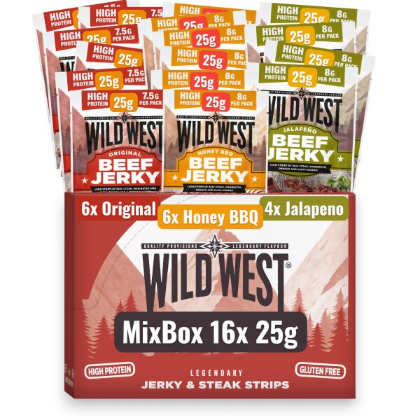 Wild West Beef Jerky Mix Box 16er – Original, Honey BBQ & Jalapeño Protein Snack 25 g