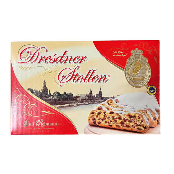 Original Dresdner Stollen 500 g Traditionsstollen mit Rosinen und Butter im Geschenkkarton Emil Reimann