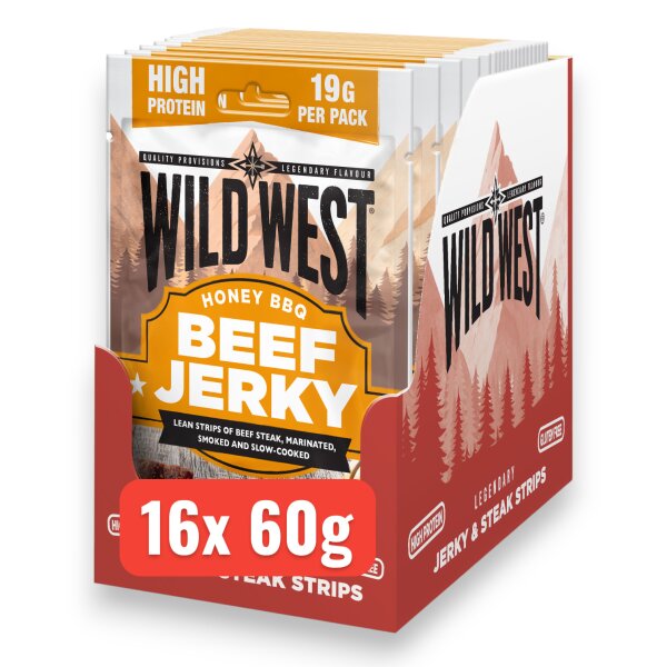 16x Wild West Honey BBQ Beef Jerky 60g – Süß-würziger Rindfleisch-Snack mit Honig & BBQ-Geschmack