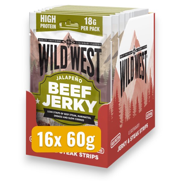 16x Wild West Jalapeño Beef Jerky 60g – Scharfer Trockenfleisch Snack mit Jalapeño und BBQ-Würze