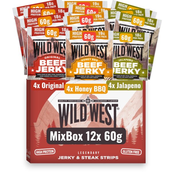 Wild West Beef Jerky Mix Box 12x 60 g – 3 Sorten Original, Honey BBQ & Jalapeño
