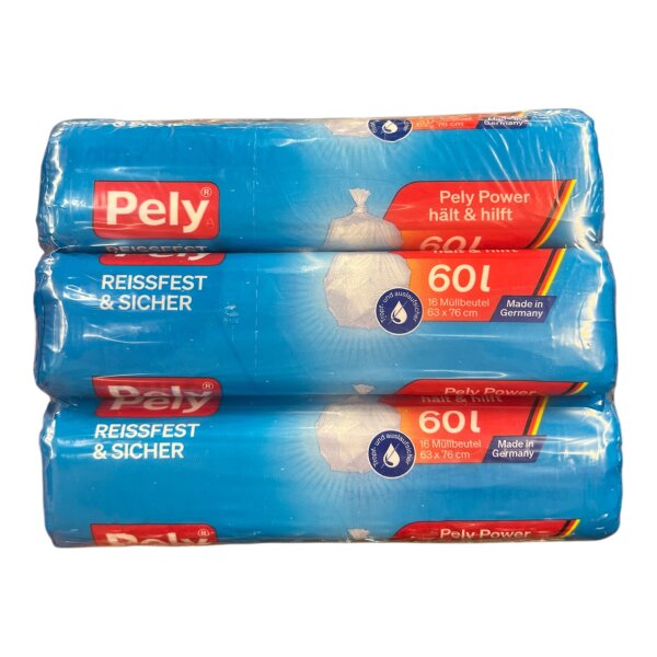 Pely Müllbeutel Praktisch & Sicher 60 Liter 3 × 16 Stück – 48 Abfallbeutel für Haushalt, Küche & Büro