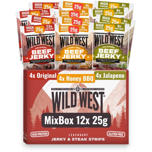 Wild West Beef Jerky Mix Box 12er – 3 Sorten Original, Honey BBQ & Jalapeño je 25 g