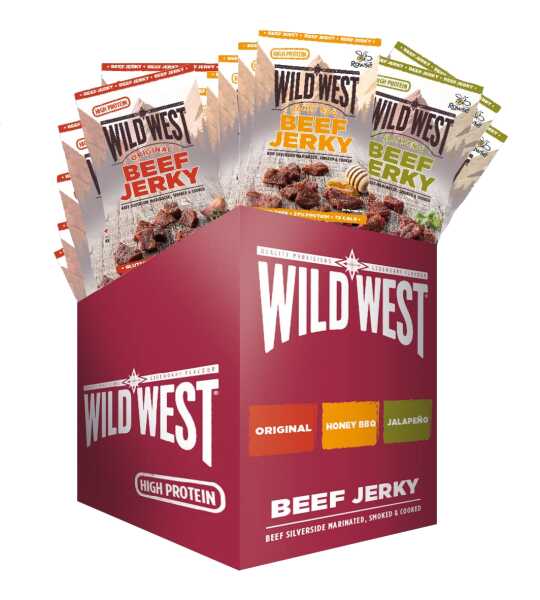 Wild West Beef Jerky Mix Box 25g - 12er Pack (12 x 25 g) Trockenfleisch vom Rind - Getrocknetes High Protein Dörrfleisch | beinhaltet 3 Sorten ORIGINAL, HONEY BBQ, JALAPENO