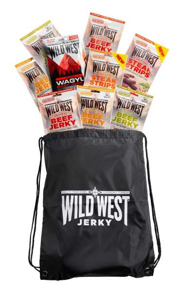 Wild West Beef Jerky Mix Box 25g - 12er Pack (12 x 25 g) + SPORTSBAG Trockenfleisch vom Rind - STEAK, WAGYU, ORIGINAL, HONEY BBQ, JALAPENO