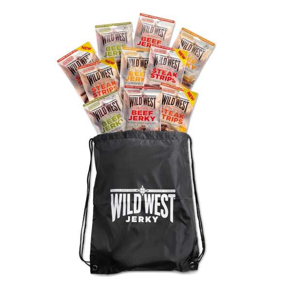 Wild West Beef Jerky, Mix Box 60g + Sportsbag, 10er Pack, 2x Original, 2x Honey BBQ, 2x Jalapeno, 2x Steak Strips Original, 2x Steak Strips Honey BBQ - Beef Jerky high Protein Trockenfleisch