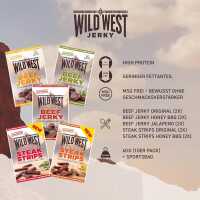 Wild West Beef Jerky, Mix Box 60g + Sportsbag, 10er Pack, 2x Original, 2x Honey BBQ, 2x Jalapeno, 2x Steak Strips Original, 2x Steak Strips Honey BBQ - Beef Jerky high Protein Trockenfleisch