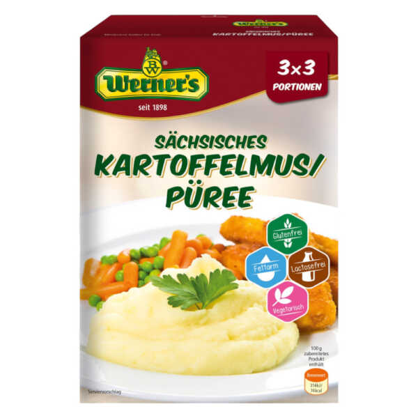 Werner’s Sächsisches Kartoffelmus Püree 3x3 Portionen Kartoffelpüree ohne Farbstoffe & Zusatzaromen, gluten- & laktosefrei
