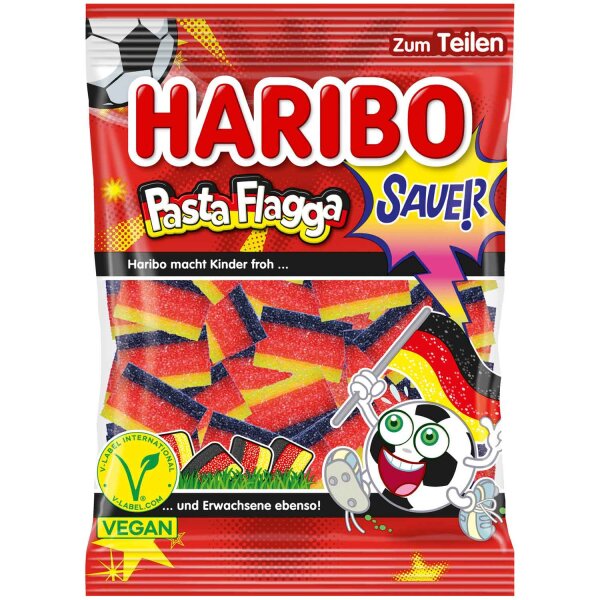 Haribo Pasta Flagga sauer vegan 160g – WM Party Snack in Deutschlandfarben, saure Fruchtgummi Streifen