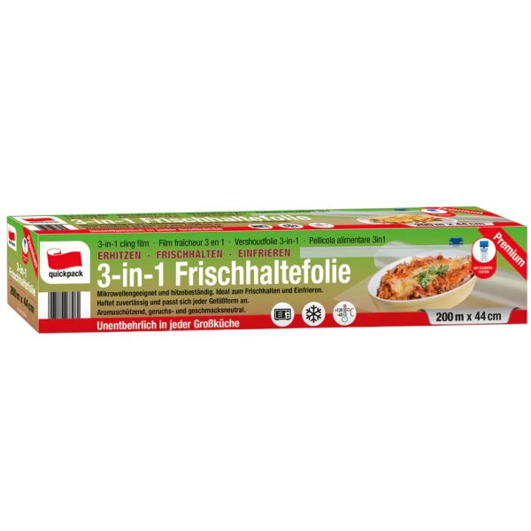 Quickpack Frischhaltefolie 3-in-1 Premium 200 m x 44 cm – Profi Frischhaltefolie für Küche, Gastronomie & Catering