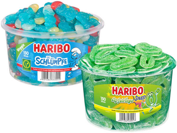 Set Haribo Die Schlümpfe 150 St. + Haribo Saure Apfelringe 150 St. Dosen