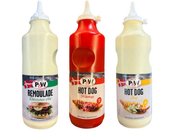 P&W Dänisches Hot Dog Saucen Trio Remoulade Ketchup Senf 3 Flaschen à 900g