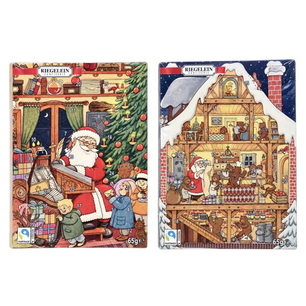 1x Riegelein Adventskalender 65 g – Vollmilchschokolade, 24 Türchen, 2 Designs sortiert