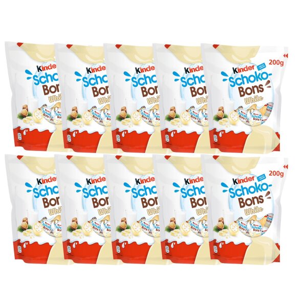 10x kinder Schoko Bons White 200 g – Weiße Schokolade mit Haselnuss‑Milchcremefüllung, Marken‑Snack