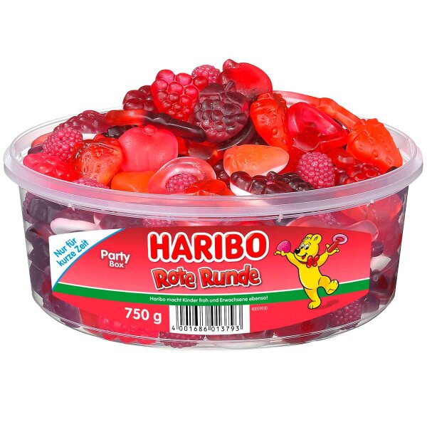 Haribo Rote Runde 750 g – rote Fruchtgummi-Vielfalt in der wiederverschließbaren Partybox