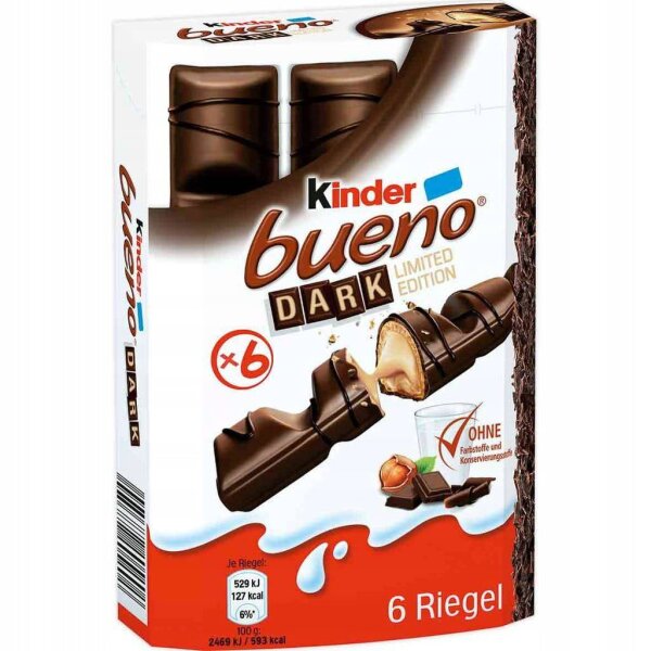 kinder Bueno Dark 129 g – 6 knusprige Waffelriegel mit Haselnusscreme & dunkler Schokolade Limited Edition