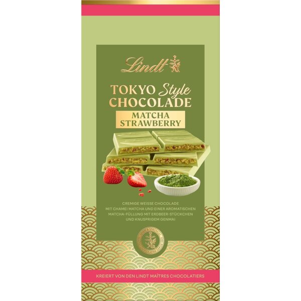 Lindt Tokyo Style 145 g – weiße Schokolade mit Matcha, Erdbeeren & knusprigem Genmai