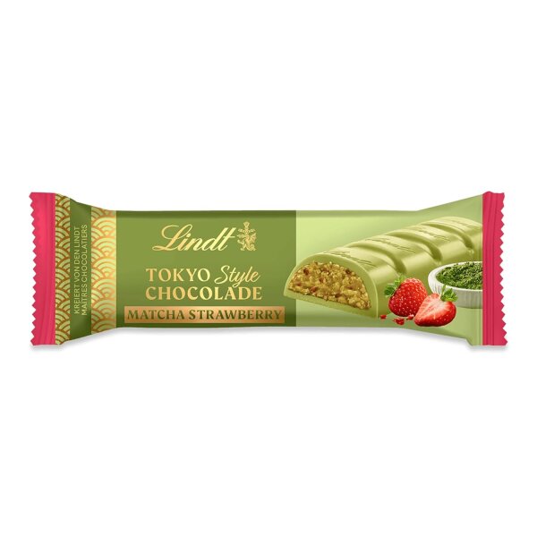 Lindt Tokyo Style Riegel 40 g – weiße Chocolade mit Matcha, Erdbeeren & knusprigem Genmai
