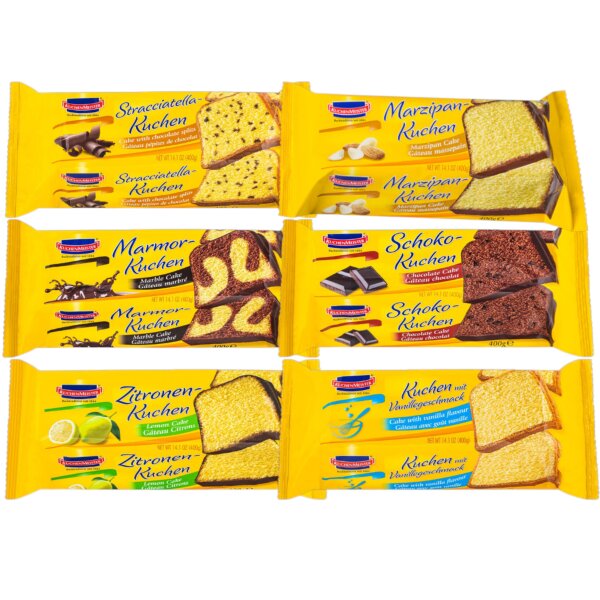 KuchenMeister 6er Probierpaket 6x 400g – Rührkuchen Mix mit Schoko, Zitrone, Marmor, Vanille, Stracciatella & Marzipan