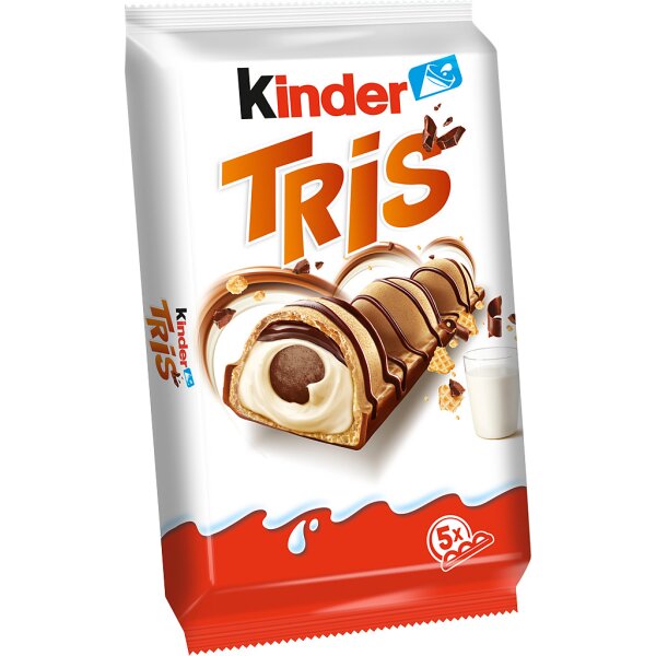 Kinder TRIS 5er Riegel – Gefüllte Waffel mit Milchcreme, Schokolade und Keks 90g