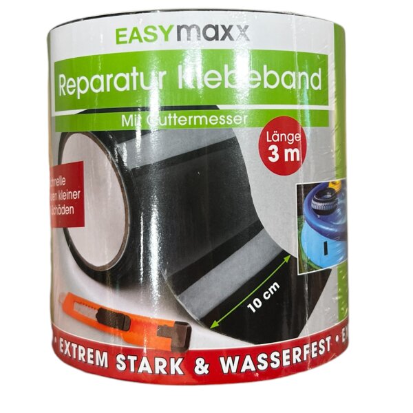 EASYmaxx Reparatur-Klebeband 3 m × 100 mm Schwarz – Extra starkes wasserfestes Dichtband inklusive Cuttermesser