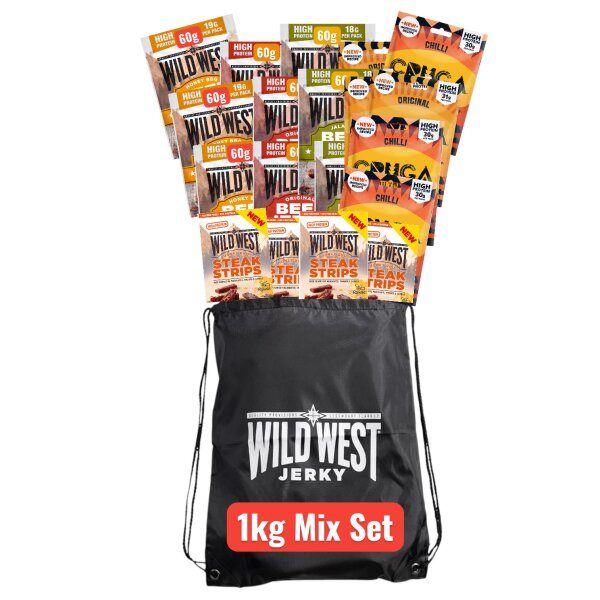 Wild West Beef Jerky Mix Set 1 kg – 6 Sorten Jerky Biltong Steak + Turnbeutel gratis
