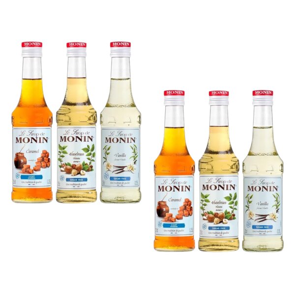 MONIN Sirup Zuckerfrei 6er Set 6x250 ml – Vanille, Haselnuss & Caramel Kaffee Sirup kalorienarm & glutenfrei