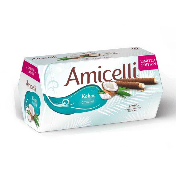 Amicelli Kokos Creme 16er – Knusprige Waffelröllchen mit Kokosfüllung Limited Edition