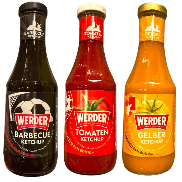 WERDER Ketchup Fan Edition Set 3 x 450 ml – Tomaten Ketchup, Gelber Ketchup & Barbecue Ketchup