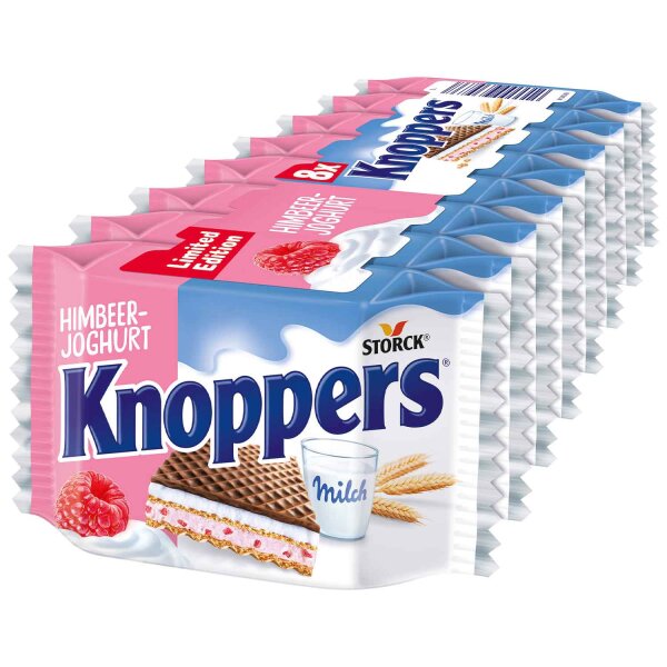 Knoppers Himbeer Joghurt 8er Pack – Knusprige Waffelschnitte mit Himbeer-Joghurt-Creme