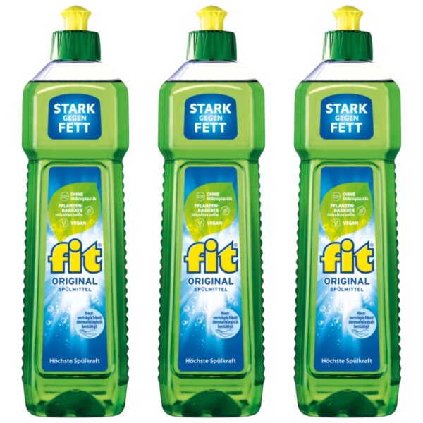 3x Fit Original Spülmittel, pflanzenbasierte Inhaltsstoffe – 750 ml - Flasche