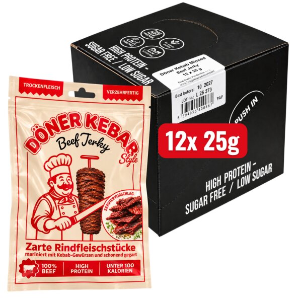 Döner Kebab Style Beef Jerky 12x 25g - Trockenfleisch mariniert mit Kebab Gewürzen – geräucherter Protein-Snack