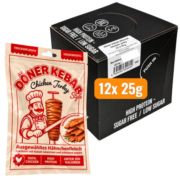 Döner Kebab Style Chicken Jerky 12x 25g - Hähnchen Trockenfleisch mariniert mit Kebab Gewürzen – geräucherter Protein-Snack