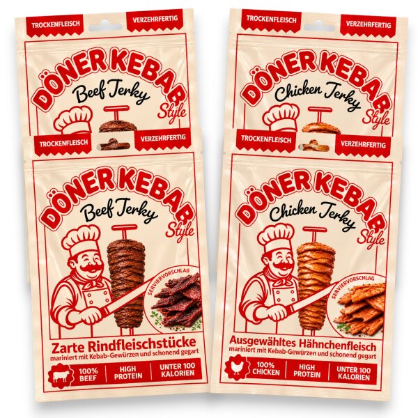 Döner Kebab Style Jerky Probierpaket 4 × 25 g – Beef & Chicken Trockenfleisch, 2 Sorten, 100 g