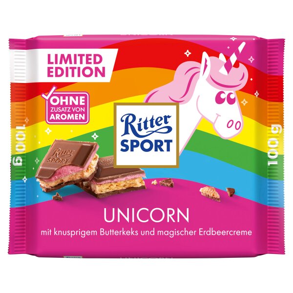 Ritter Sport Unicorn 100 g – Vollmilchschokolade mit Erdbeercreme & Butterkeks Limited Edition