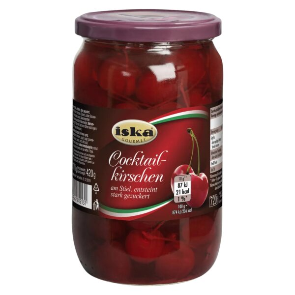 ISKA Cocktail-Kirschen mit Stiel 720 ml – Rote Cocktailkirschen für Cocktails, Desserts und Dekoration