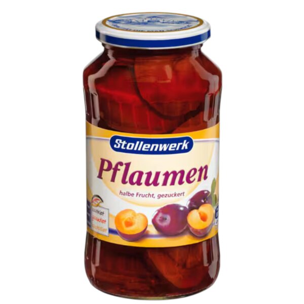 Stollenwerk Pflaumen halbe Frucht gezuckert 385 g – Pflaumen im Glas, verzehrfertig