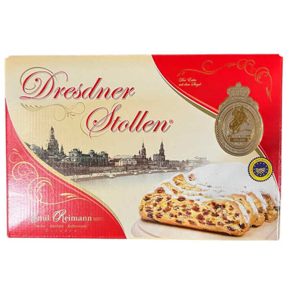 Original Dresdner Stollen 1 kg Traditionsstollen mit Rosinen und Butter im Geschenkkarton Emil Reimann